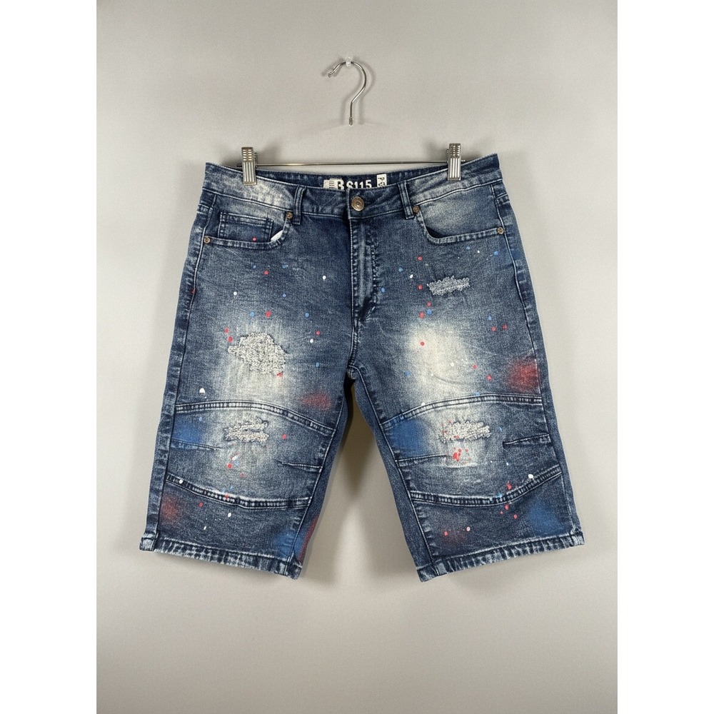 GS115 Womens Acid Wash Paint Splatter Distressed Denim Shorts Blue Red Size 34